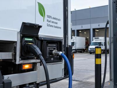 The charging cable connects to an electric refrigerated van at a depot, where vehicle charging and cooling power must be planned together.