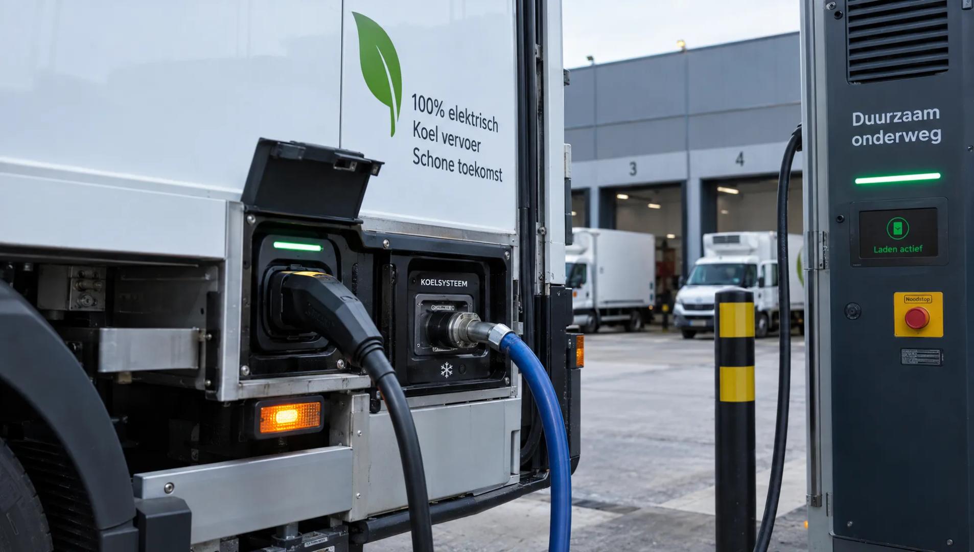 The charging cable connects to an electric refrigerated van at a depot, where vehicle charging and cooling power must be planned together.