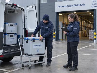 Medewerkers controleren een afgesloten transportkoffer naast een koelauto voor temperatuurgevoelige farmaceutische producten.